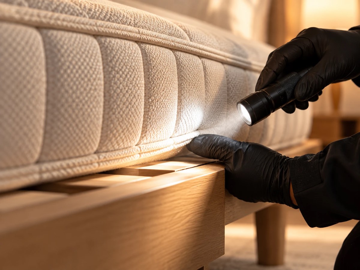 Inspection à la lampe de la couture d’un matelas, mains gantées