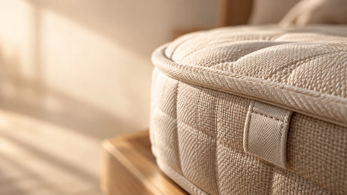 Gros plan sur la couture et le passepoil d’un matelas, première zone examinée lors d’une inspection