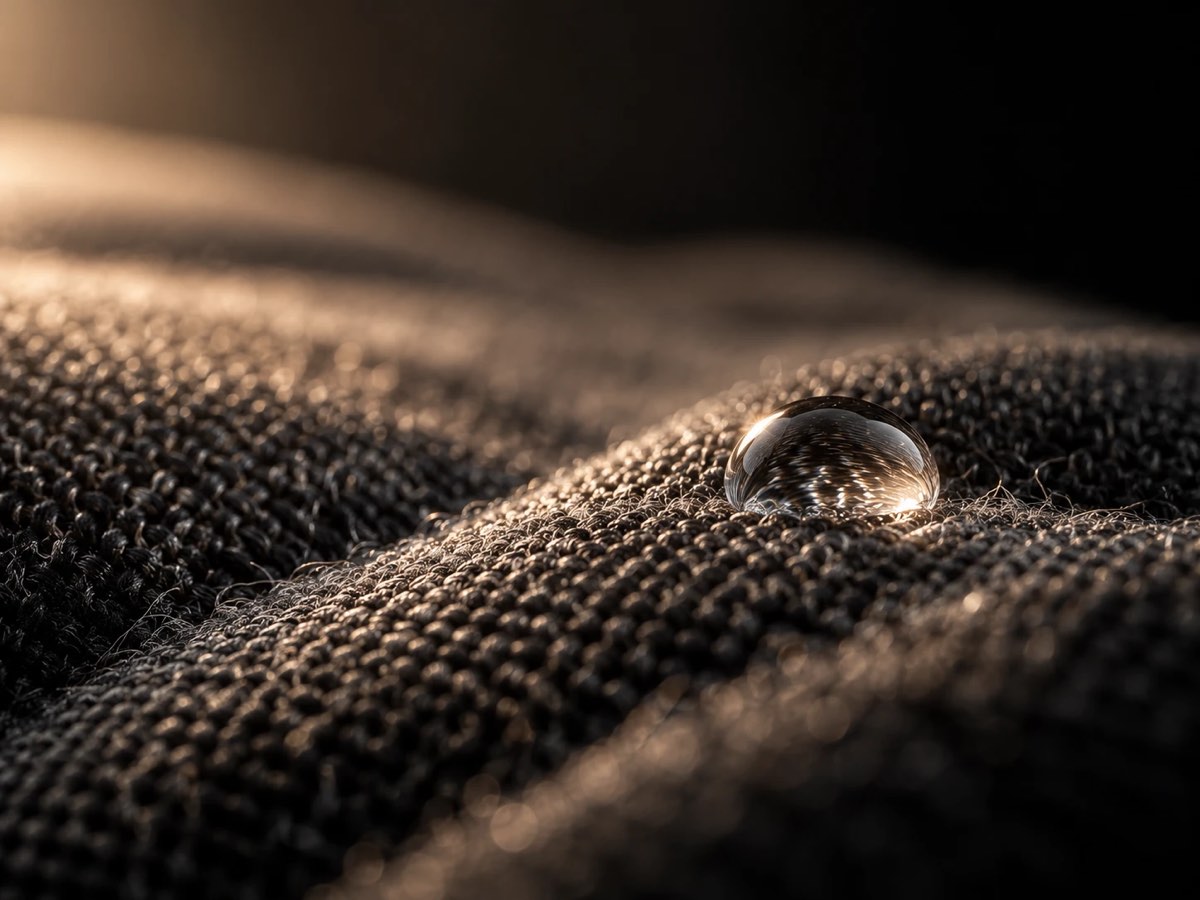 Gouttelette déposée sur un textile sombre, en gros plan