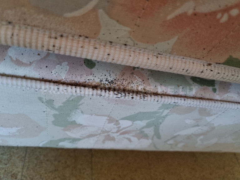 Matelas et sommier à motif floral superposés, passepoils et jonction couverts de points noirs